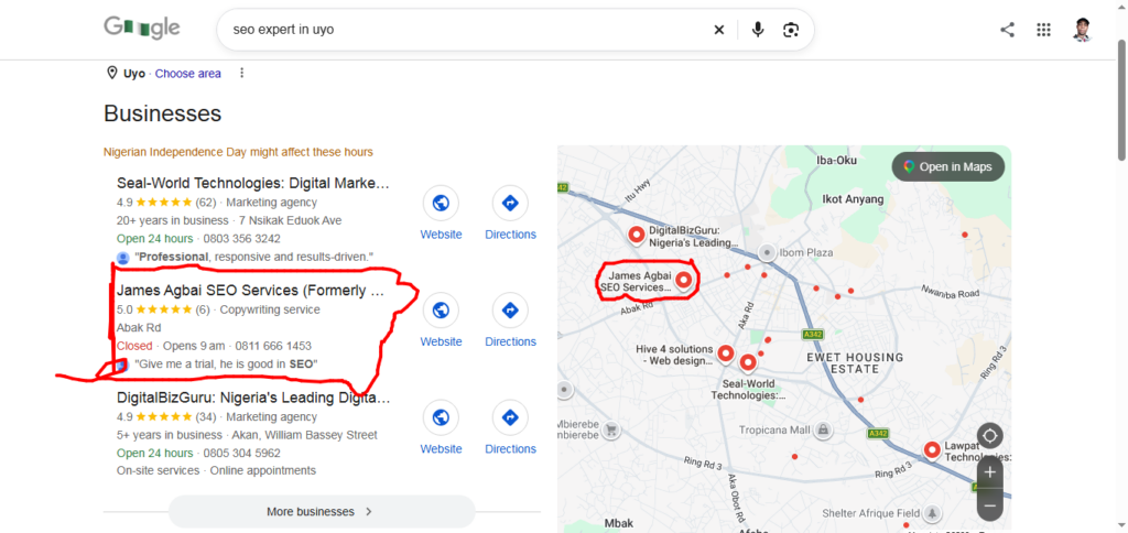 This is result of my brand Ranking on google business for keywords: SEO expert in Uyo