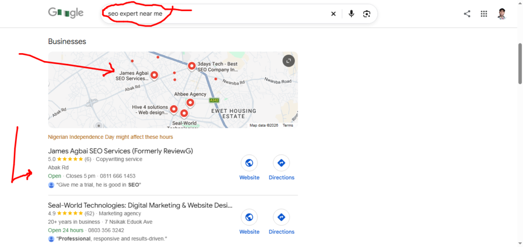 This screenshot shown how I ranked for the keywords, "seo expert near me" in Uyo - Local SEO for Businesses in Nigeria (PROOF)