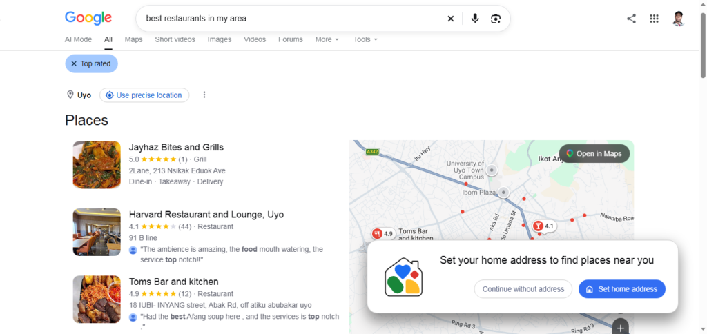 screenshot on Example of Google Business Profille display for search terms "best restaurants in my area"