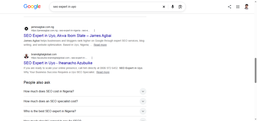 screenshot showing my page targeting the keywords, "SEO Expert in Uyo" rank number one on google search